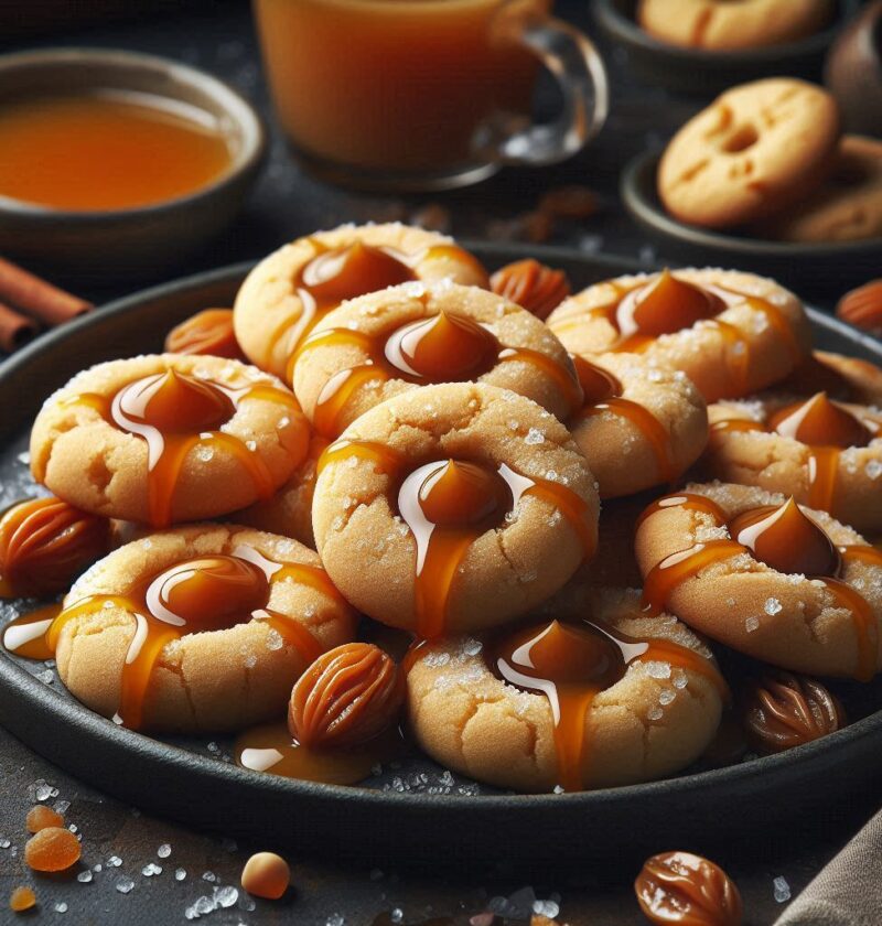 Image of a pile of peanut butter cookies filled with caramel sauce on a plate.