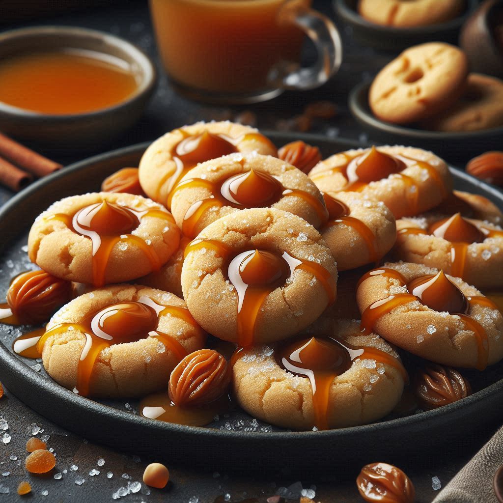 Image of a pile of peanut butter cookies filled with caramel sauce on a plate.