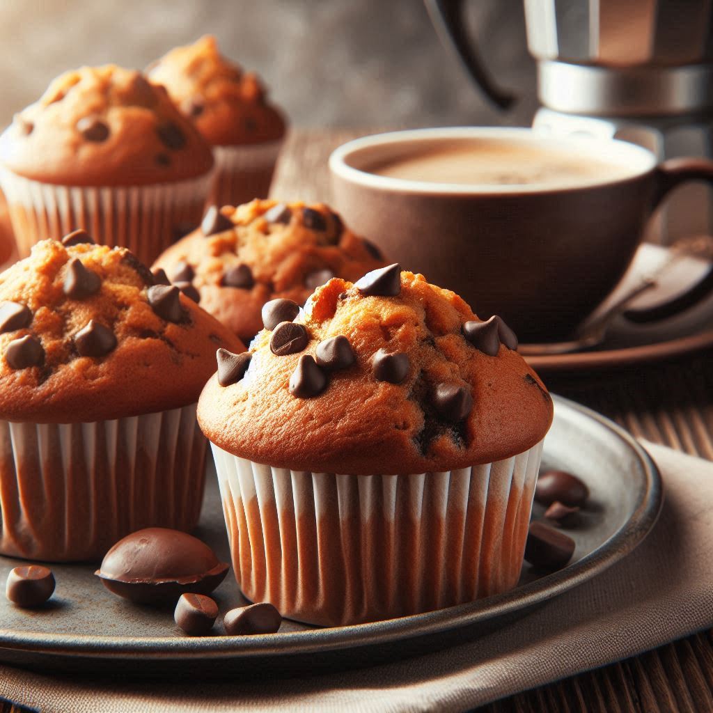 Image of peanut butter muffins with chocolate chips on plate with cup of coffee in the background.