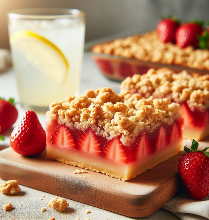 Image of strawberry pie bars with shortbread crust and oatmeal crumble topping. Sitting on a white platter with a glass of lemonade in the background.