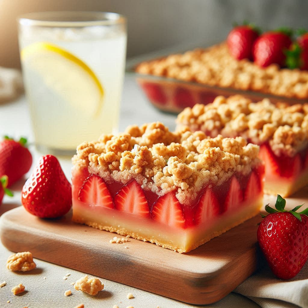 Image of strawberry pie bars with shortbread crust and oatmeal crumble topping. Sitting on a white platter with a glass of lemonade in the background.