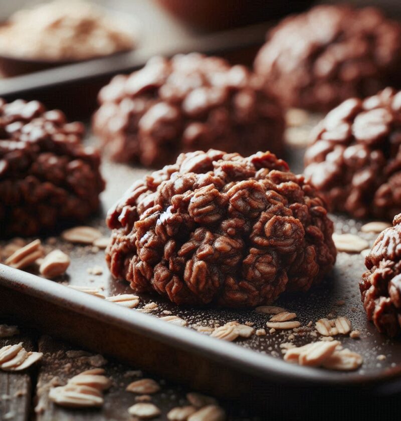 Image of Peanut butter chocolate no-bake cookies on a cookie sheet