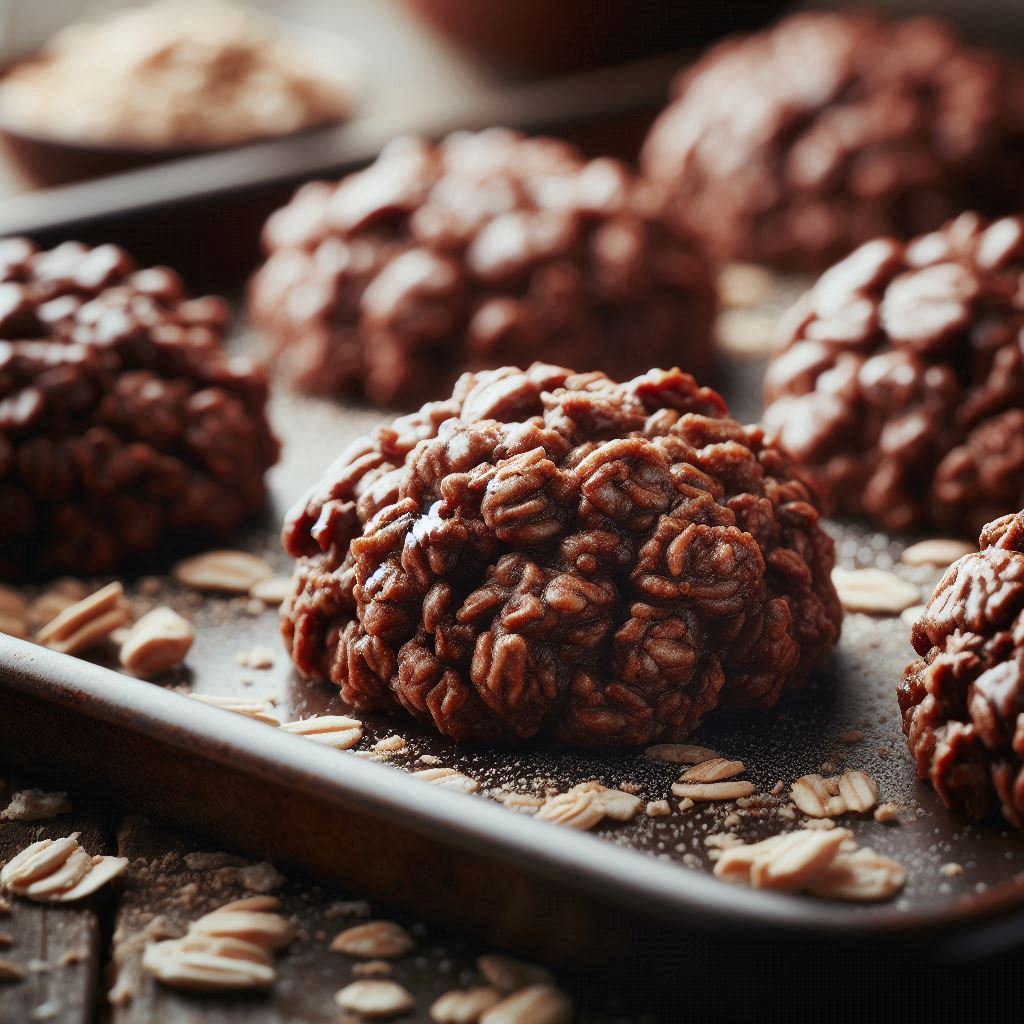 Image of Peanut butter chocolate no-bake cookies on a cookie sheet