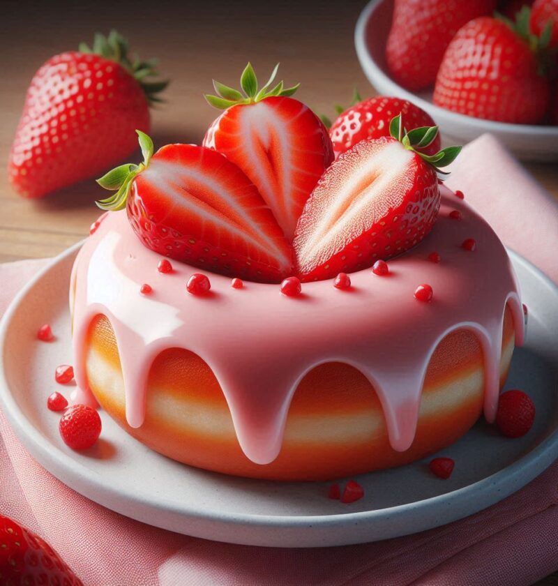 Image of Strawberry Donut with strawberry basil glaze on white plate.