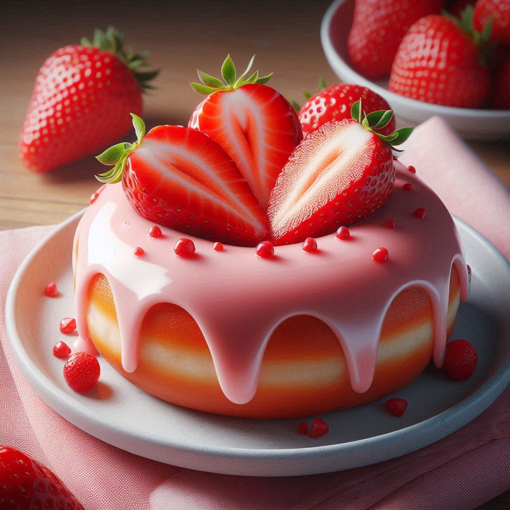 Image of Strawberry Donut with strawberry basil glaze on white plate.