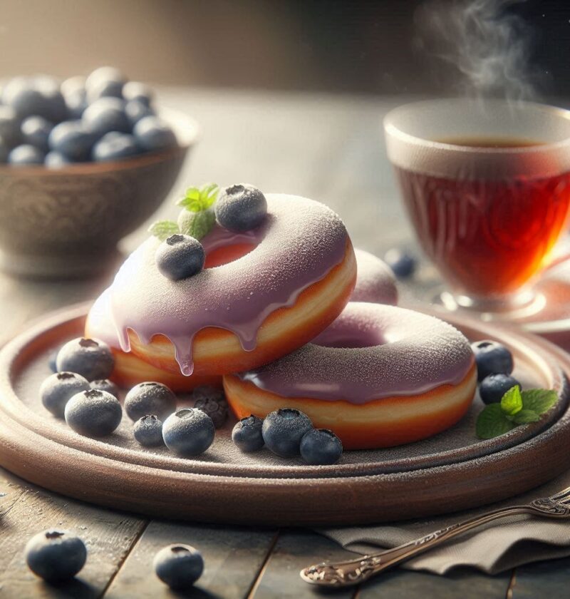 image of Donuts with blueberries on plate.