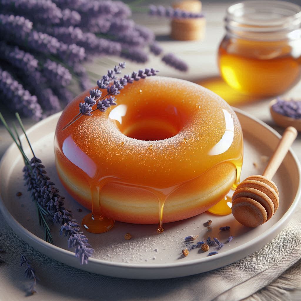 image of donuts on white plate with honey drizzle and lavender garnish