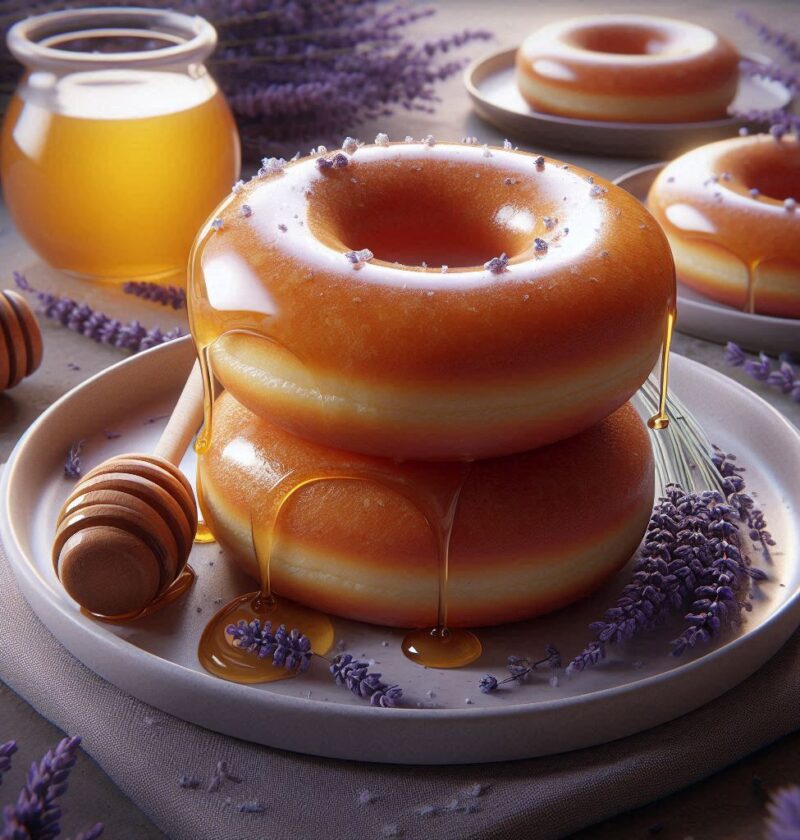 image of donuts on white plate with honey drizzle and lavender garnish