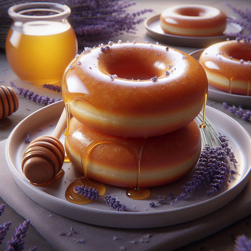 image of donuts on white plate with honey drizzle and lavender garnish