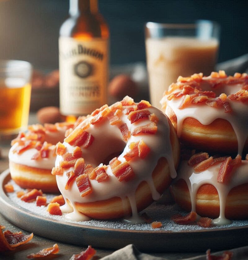 image of donuts on plate topped with maple glaze and bacon crumbles.