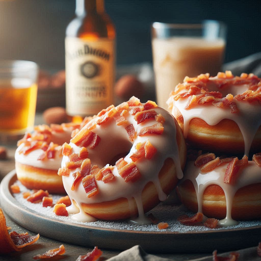 image of donuts on plate topped with maple glaze and bacon crumbles.