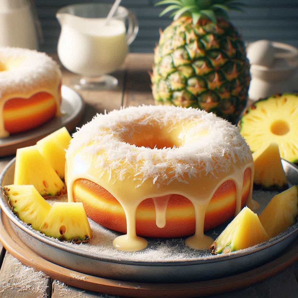 Image of donuts with pineapple glaze and coconut flakes on plate.