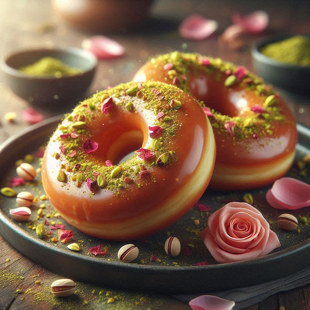 donuts on platter with pistachio and rose petal flakes