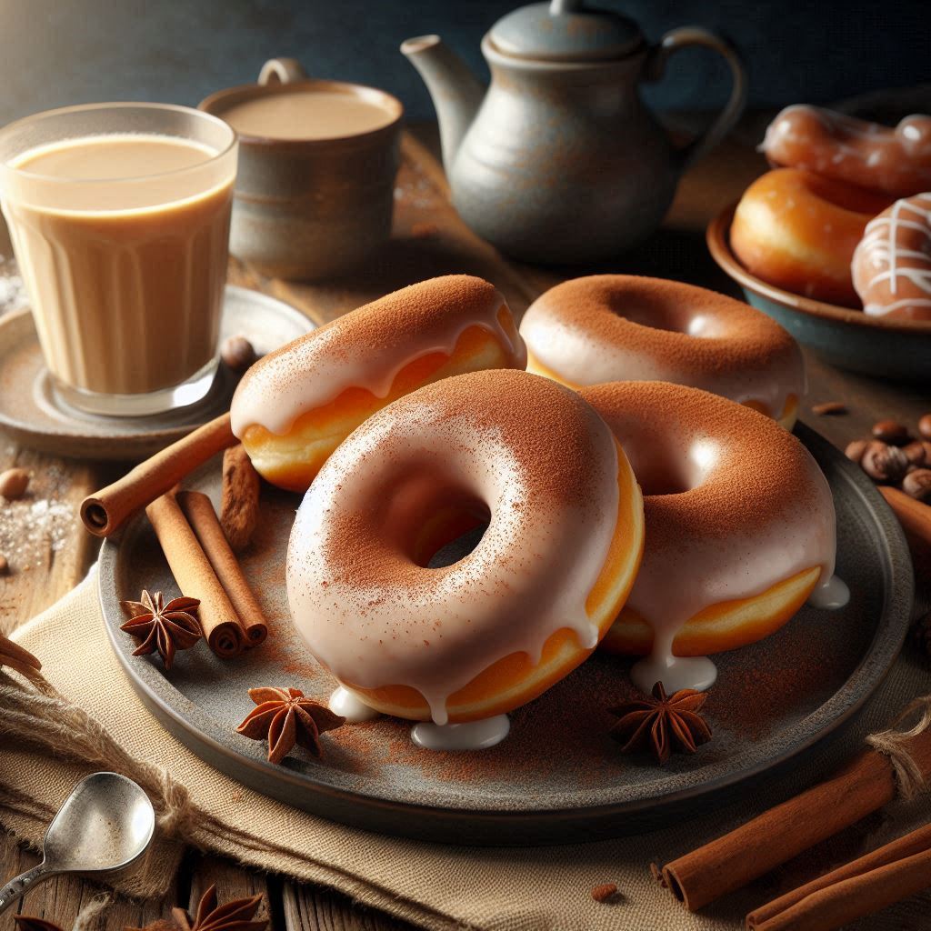 image of pumpkin donuts with chai glaze on plate with chai tea in background